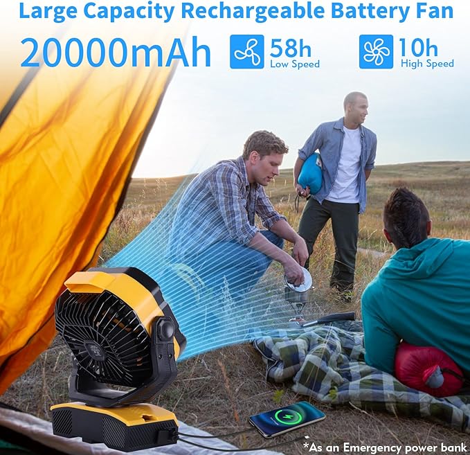 Camping Fan 20000mAh Rechargeable Battery Operated fan Outdoor Tent Fan with Light & Hook 270° Pivot, knob Speeds, Personal fan USB Desk Fan for Camping Power Outage Yellow X68