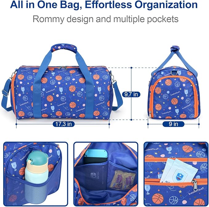 Bagseri Travel Duffle Bag Boys - Waterproof Kids Gym Sports Bag for Overnight Sleepover Bag with Shoe Compartment and Dry Wet Separation Pockets (Blue Basketball)