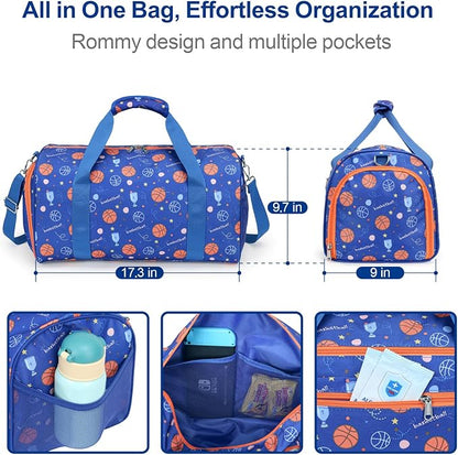 Bagseri Travel Duffle Bag Boys - Waterproof Kids Gym Sports Bag for Overnight Sleepover Bag with Shoe Compartment and Dry Wet Separation Pockets (Blue Basketball)
