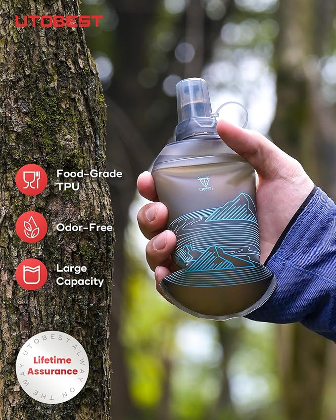 200ml Soft Flask, 2 Pack Flexible TPU Hydration Water Bottle, Collapsible with 28mm Caliber for Running, Hiking, Cycling, Climbing, and Marathon Blue