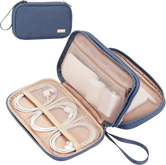 NISHEL Travel Cord Organizer Case, Double Layers Tech Electronic Bag, Essentials for Charger, Cable, Phone, Flash drive, Medium, Aegean-Blue