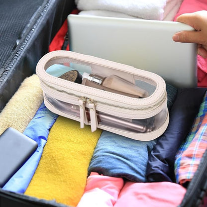 Pinkmik Makeup Brush Case Clear Travel Cosmetic & Toiletry Bag Slim Makeup Bag with Zipper Small Purse Organizer Car Essential Bag for Women (Beige, SLIM-2)