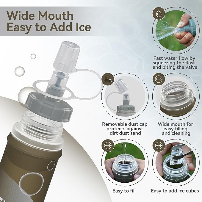 MARCHWAY Soft Hydration Flask with Wide Mouth, 300ml/500ml Collapsible TPU Water Bottle, Leakproof Portable Flexible for Running, Hiking, Cycling, Climbing, Gym, Travel (2pcs Grey 500ml)