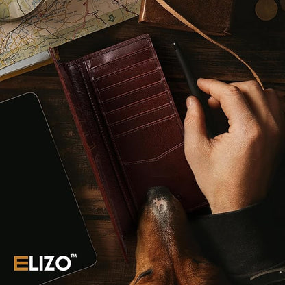 ELIZO Men's Genuine Leather Long Wallet - RFID Blocking Rodeo Checkbook Wallet | Slim Western Bifold Wallet with 16 Card Slots, ID Window | Top Grain Leather Cowboy Wallet