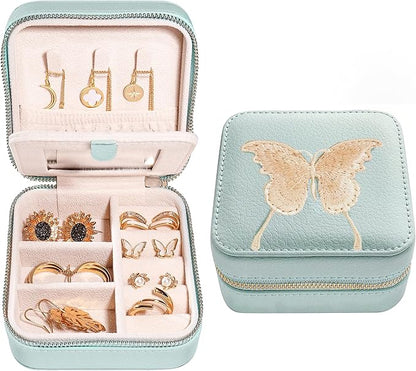 S.Leaf Travel Jewelry Organizer Boxes for Women Small Portable Necklace Earrings Bracelet Rings Travel Case Best Friend Birthday Gifts for Women Trendy (Butterfly_Hazeblue_Gold)