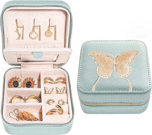 S.Leaf Travel Jewelry Organizer Boxes for Women Small Portable Necklace Earrings Bracelet Rings Travel Case Best Friend Birthday Gifts for Women Trendy (Butterfly_Hazeblue_Gold)