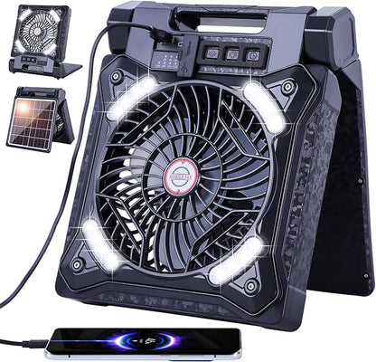 Solar Fan Battery Powered Rechargeable Solar Camping Fan with Led Lantern & Power Bank Foldable Angle USB Personal Fans for Travel Outdoor Camping Tents X98 Black