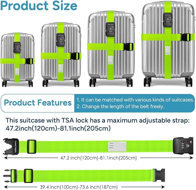 Luggage Straps with TSA Lock, Travel Belt for Luggage, TSA Approved Luggage Straps, 3-Dial Combination Locks Adjustable Suitcase Belt, Quick-Release Buckle (Green), 2 Pack