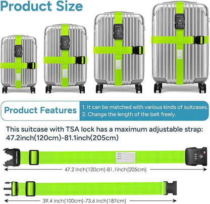 Luggage Straps with TSA Lock, Travel Belt for Luggage, TSA Approved Luggage Straps, 3-Dial Combination Locks Adjustable Suitcase Belt, Quick-Release Buckle (Green), 2 Pack