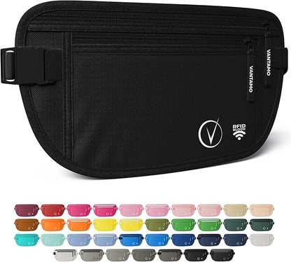 Vantamo Money Belt with RFID For Men & Women, Hidden Passport Holder for Travel, 2 Compartment Travel Fanny Pack for Women Anti Theft