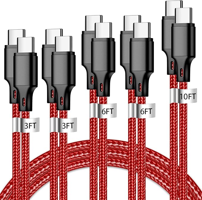 cugunu USB C to USB C Charger Cable, 5 Pack [3/3/6/6/10ft] Type C Fast Charging Cord High Data & Transfer Wire Compatible for iPhone 17/16/15 Plus/Pro Max iPad Pro Ps5 Controller Samsung (Red)