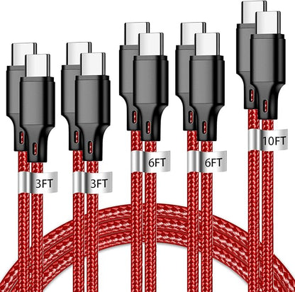 cugunu USB C to USB C Charger Cable, 5 Pack [3/3/6/6/10ft] Type C Fast Charging Cord High Data & Transfer Wire Compatible for iPhone 17/16/15 Plus/Pro Max iPad Pro Ps5 Controller Samsung (Red)