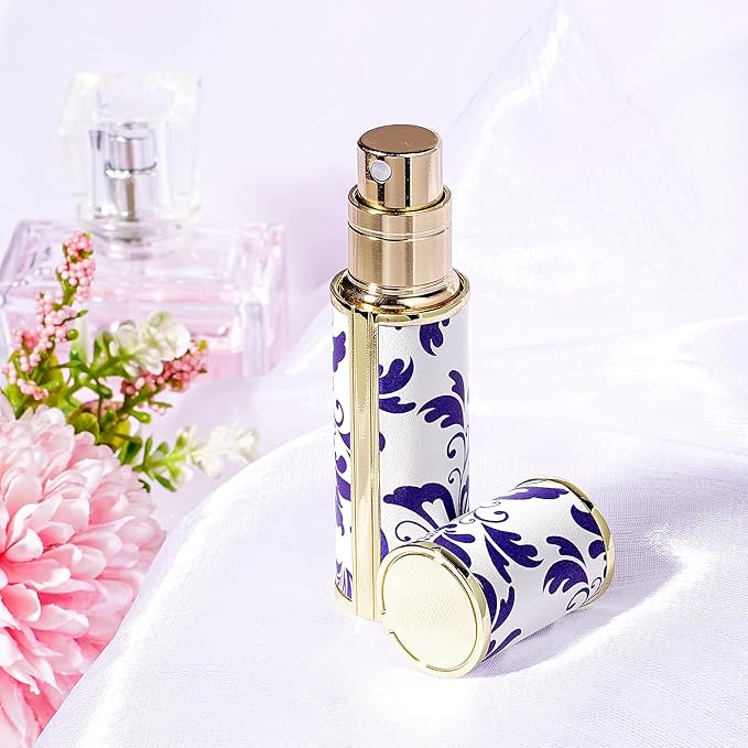 LUEXBOX Portable Perfume Bottle for Travel, Mini Refillable Perfume Dispenser, 5ml Faux Leather Leak Proof Perfume Atomizers, Blue and White Bottles Sprayer for Pocket Perfume (Blue flower)