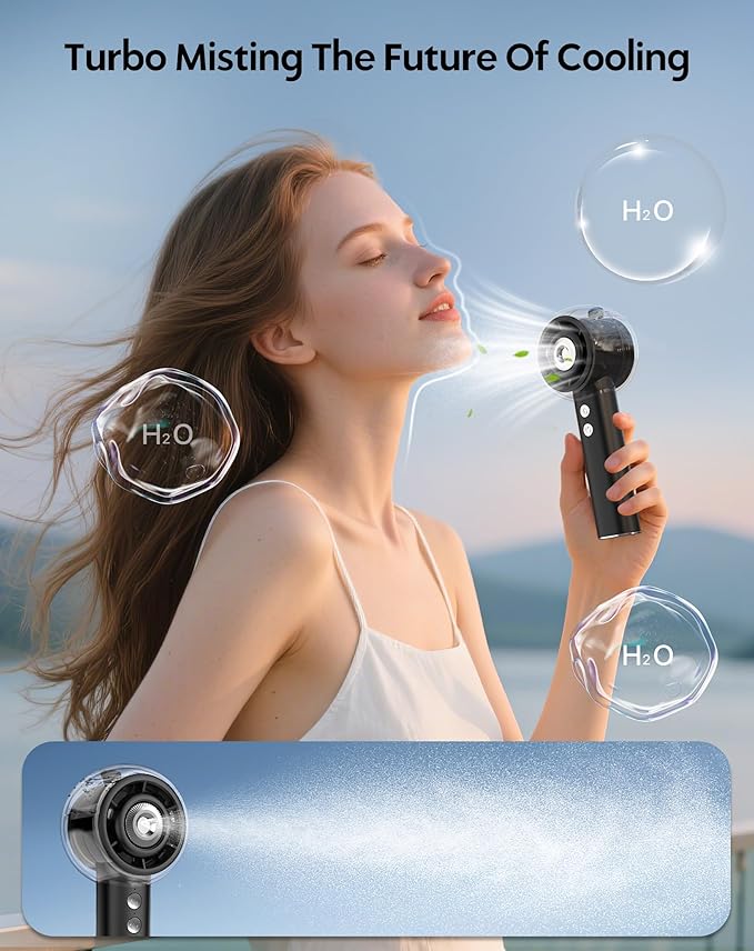Portable Misting Fan, Handheld Turbo Fan with Mist, 6000mAh Battery Rechargeable Personal Fans Mister 4-Speed, 25ml Water Spray Tank, Gifts for Women Men Home Office Travel Outdoor Camping