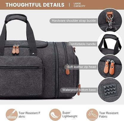 Sucipi Canvas Travel Duffel Bag for Men, Weekend Overnight Bag with Shoe Compartment and Toiletry Bag, Carry-On for Airplanes, Dark Grey