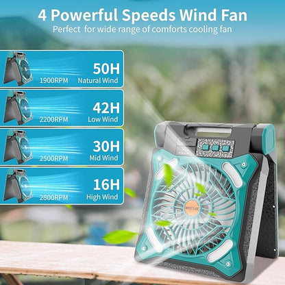 Solar Fan Battery Powered Rechargeable Solar Camping Fan with Led Lantern & Power Bank Foldable Angle USB Personal Fans for Travel Outdoor Camping Tents X98 Cyan