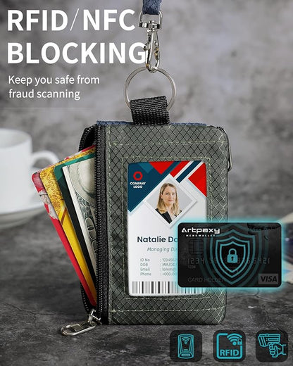 Minimalist Wallet For Mens Womens, Keychain RFID Blocking Zipper Small Wallet with ID Window 2 Lanyards,Water Resistant Travel Cash Card Coin Case Boys Girls