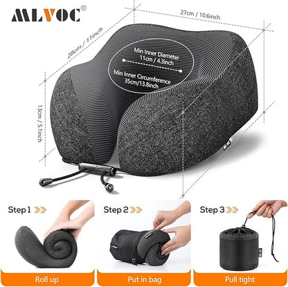 MLVOC Travel Pillow 100% Pure Memory Foam Neck Pillow, Comfortable & Breathable Cover, Machine Washable, Airplane Travel Kit with 3D Contoured Eye Masks, Earplugs, and Luxury Bag, Standard (Black)