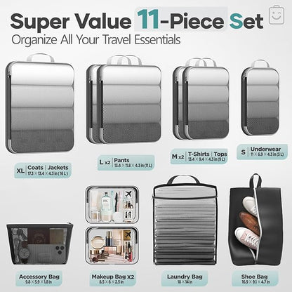 Veken 11 Set Compression Packing Cubes for Travel Essentials,Compressible Expandable Large Luggage Suitcase Organizer Bags for Clothing,Durable Space Saver Storage Bags with Toiletry Bags(Black)