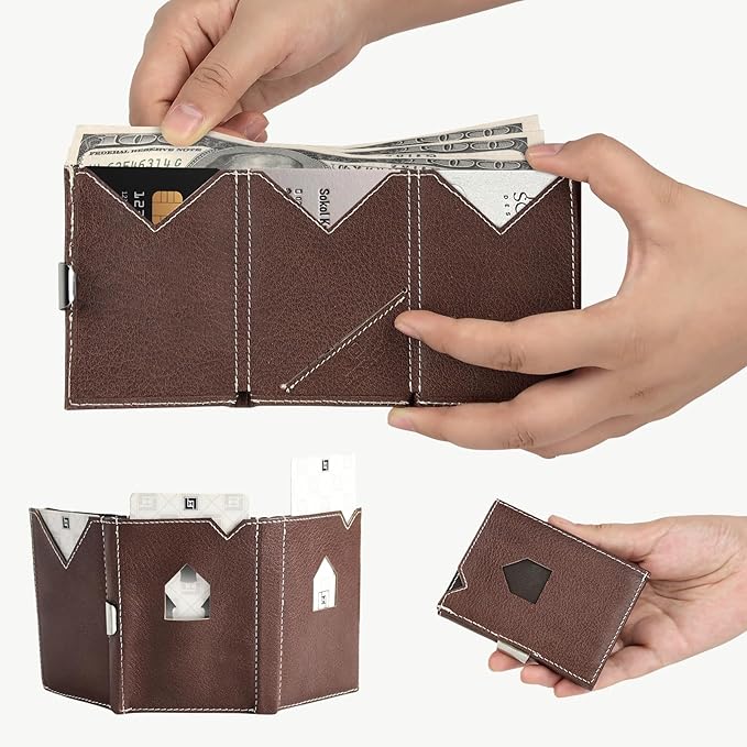 Men's Wallet, Genuine Leather RFID Blocking Slim Money Clip Wallet Minimalist Front Pocket Tri-Fold Money Clip Credit Card Holder with Present Box Brown
