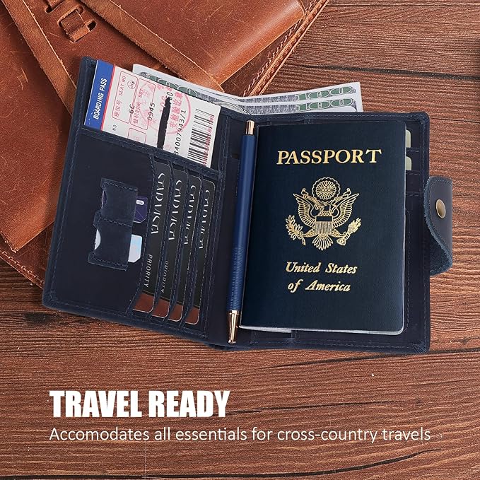 STAR VISTA Carmen Leather Passport Wallet, Dual Bifold Cash Pockets, RFID Blocking, ID Window, 6 Card Slots, Coin Pocket, SIM Slots, AirTag Slots, Navy Blue