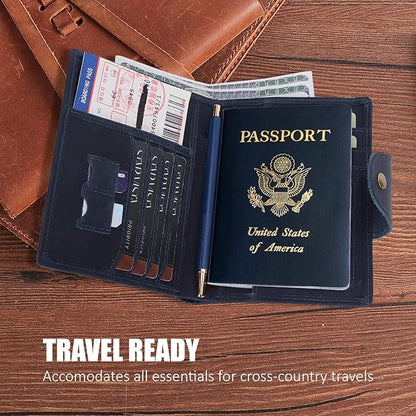 STAR VISTA Carmen Leather Passport Wallet, Dual Bifold Cash Pockets, RFID Blocking, ID Window, 6 Card Slots, Coin Pocket, SIM Slots, AirTag Slots, Navy Blue