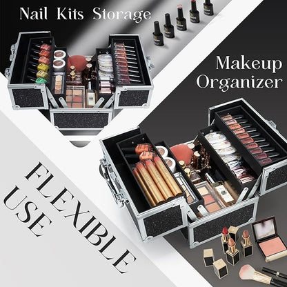 FRENESSA Makeup Train Case Portable Makeup Case Organizer Cosmetic Box Make Up Box Makeup Organizer Cosmetic Storage Cases with Locking Nail Kit Organizer Travel Case Black