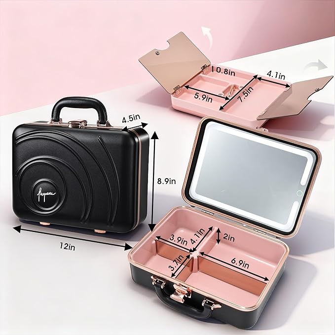Travel Makeup Case with LED Lighted Mirror 12 Inch Portable Makeup Box Organizer Adjustable Brightness in 3 Colors Cosmetic Storage Case with Dividers Hard Aluminum Shell Vanity Box Black