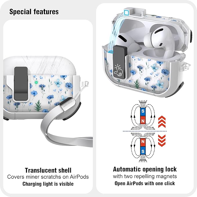 WENEW Case for AirPods Pro & Pro 2 Case Cover Secure Lock Automatic Snap Switch Clip Cleaner Kit Lanyard Women Stylish Flower Full Body Hard Shell Front LED Visible (Blue Flower, AirPods Pro & Pro 2)
