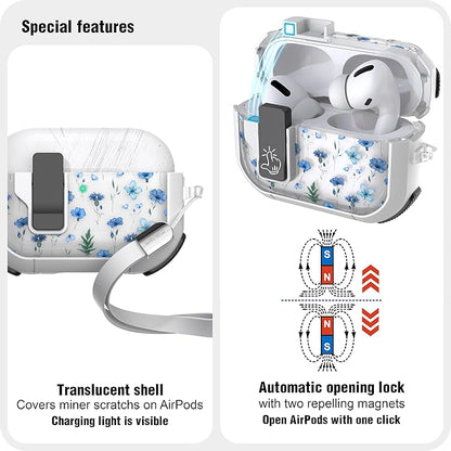 WENEW Case for AirPods Pro & Pro 2 Case Cover Secure Lock Automatic Snap Switch Clip Cleaner Kit Lanyard Women Stylish Flower Full Body Hard Shell Front LED Visible (Blue Flower, AirPods Pro & Pro 2)