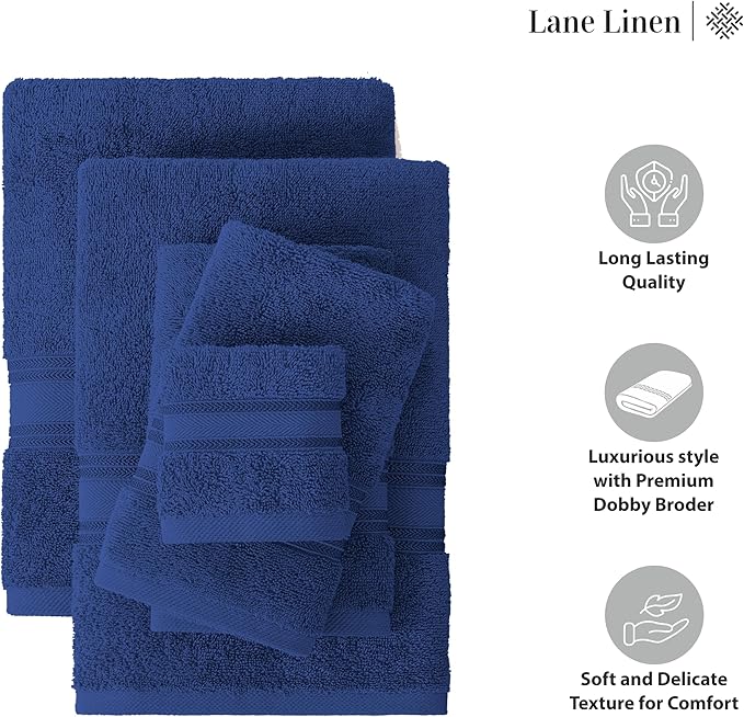 LANE LINEN 100% Mercerized Cotton Bath Towel Set of 18 – Zero Twist Shower Towels, 6 Bath, 6 Hand Towel & 6 Washcloths, Quick-Dry, Luxuriously Soft & Durable, Perfect for Everyday use – Navy