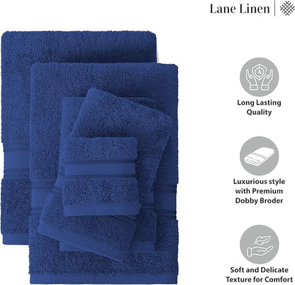 LANE LINEN 100% Mercerized Cotton Bath Towel Set of 18 – Zero Twist Shower Towels, 6 Bath, 6 Hand Towel & 6 Washcloths, Quick-Dry, Luxuriously Soft & Durable, Perfect for Everyday use – Navy