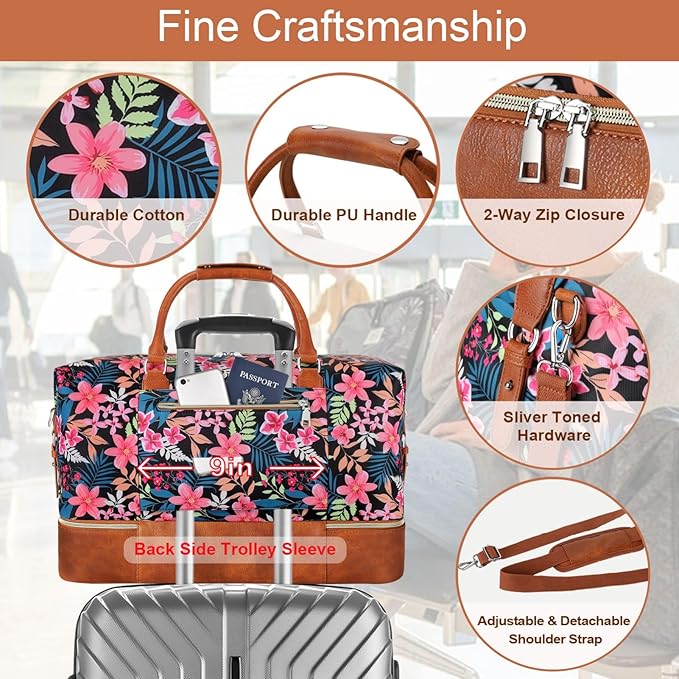 Weekender Bag for Women, Travel Duffel Bag Carry On Overnight Bag with Shoe Compartment Large Nylon Travel Weekend Tote Bag