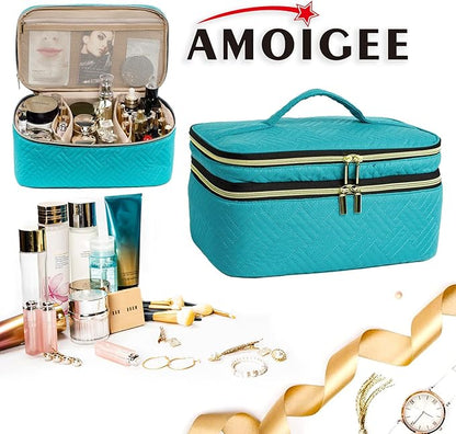 AMOIGEE Large Makeup Bag, Travel Makeup Bag Organizer, Double Layer Train Case Makeup Bag, Toiletry Bag for Makeup Brushes, Full Size Bottles, Palettes Sponge, Cosmetic Organizer
