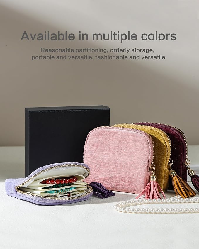 Small Travel Jewelry Case, Mini Travel Jewelry Bag with Zipper, 5-Layer Velvet Organizer Pouch for Bracelet Rings Earrings - Chenille Velvet Plum Purple