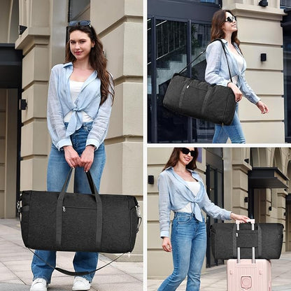 Felipe Varela 65L Duffle Bag with Shoes Compartment, Foldable Carry on Bag Travel Duffel Bags Overnight weekender Gym Bag with Wet Pocket for Women Men(Black)