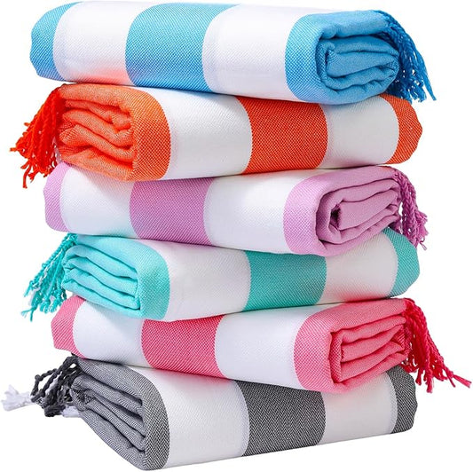 Genovega 6 Oversized Turkish Beach Bath Towel Set Bulk 74"x38" Extra Large Sand Free Quick Dry Swimming Camping Pool Clearance Towels Blanket Essentials Adult Multi Stripes Green