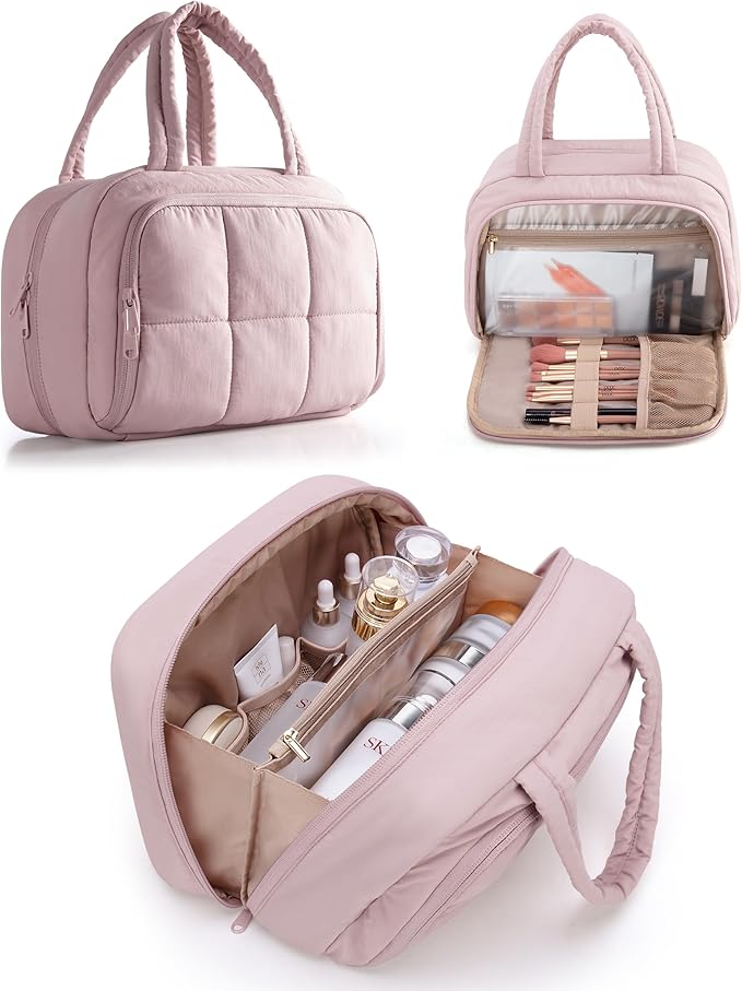 Travel Toiletry Bag for Women with Hanging Hook, Water Resistant Puffy Makeup Organizer with Leak Proof Pockets for Toiletries and Cosmetics - Pink (Bag Only)