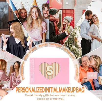 2 PCS Initial Makeup Bags for Women: Cosmetic Bag for Travel Toiletry - Birthday Gifts for 11 12 13 14 15 16 17 18 Years Old Girl Graduation Teacher Gift- Teen Girl Gifts Trendy Stuff - Orange S