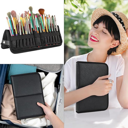 Makeup Brush Organizer Bag Standing Makeup Brushes Holder Travel Case, Professional Portable Cosmetic Storage Bag Foldable Makeup Brush Wrap Case for Men Women Artist Gift (Black)