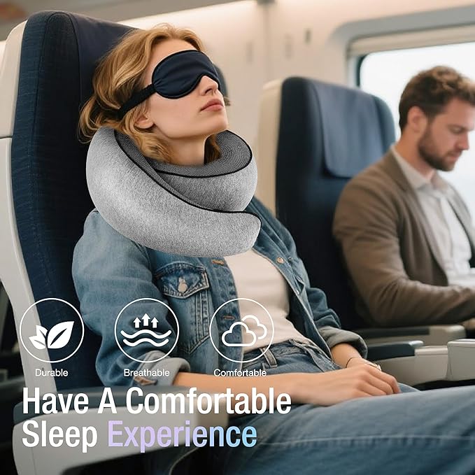 Travel Pillows for Airplanes, Neck Pillow for Traveling Using Memory Foam 360°Support Neck Comfort Relief Neck Pain Convenient Storage, Suitable for Airplanes, Office, Cars, Sleeping (Grey)