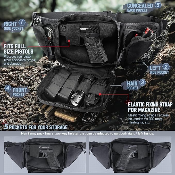 Tactical Fanny Pack for Men & Women, Concealed Carry Fanny Pack for Men, Adjustable Waist Bag, Compact Travel Belt Bag, CCW Fanny Pack with U.S Flag Patch