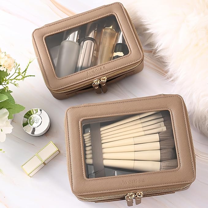 Aveniee Large Clear Makeup Bags, Double Layer Cosmetic Bags with Separate Brush Compartment,Travel Toiletry Bag Train Case,Travel Accessories Organizer for Women,2 Layers,Brown