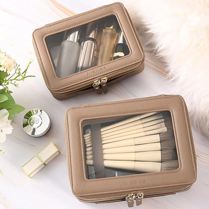 Aveniee Large Clear Makeup Bags, Double Layer Cosmetic Bags with Separate Brush Compartment,Travel Toiletry Bag Train Case,Travel Accessories Organizer for Women,2 Layers,Brown
