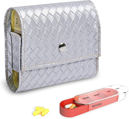 Pill Organizer,LIZIMANDU Weekly Travel Pill Case Box Medication Reminder Daily AM PM, Day Night 7 Compartments,for 4 Times A Day, 7 Days a Week-Includes Leather PU Carrying Case(1-Weave Silver)