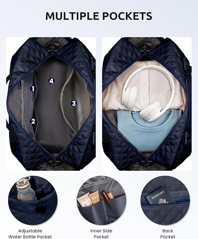 Gifts for Girls - Personalized Initial Duffle Bag with Shoe Compartment, Weekender Travel Bag, Makeup Bag, Navy Blue, 12x7x2 inches