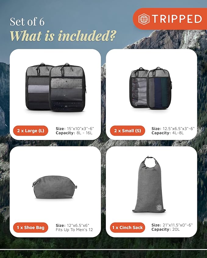 Compression Packing Cubes for Travel by TRIPPED – 6-Piece Premium Set with Laundry & Shoe Bag, Space Saving Travel Organizer Bags for Suitcase & Carry-On Luggage (Grey Mesh)