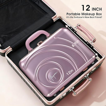 Travel Makeup Case with LED Lighted Mirror 12 Inch Portable Makeup Box Organizer Adjustable Brightness in 3 Colors Cosmetic Storage Case with Dividers Hard Aluminum Shell Vanity Box Pink