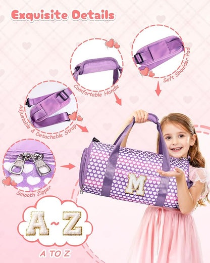 Christmas Gifts for Grandkids, Girls Travel Duffel Bag, Kids Initial Overnight Bags with Shoe Compartment, Personalized Gym Ballet Dance Bag with Makeup Pouch, Gift for Teenagers (Letter F)