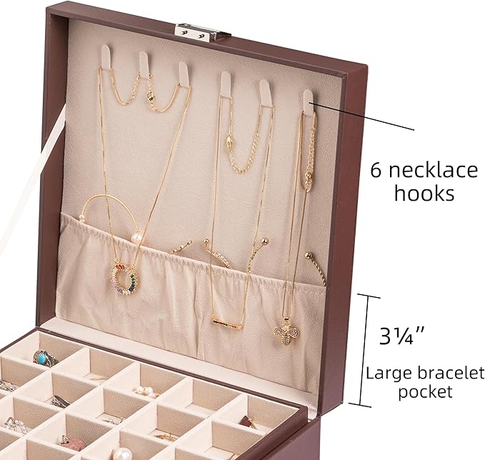 Frebeauty Earring Organizer Classic Jewelry Box 50 Slots Double Layer Jewelry Storage Case with 6 Necklace Hook and Bracelet Pocket(Dark Brown)